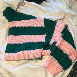 green and pink stripped oversized sweater